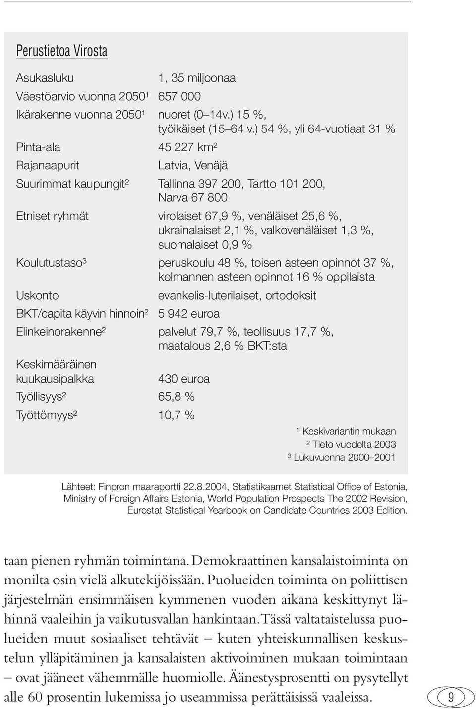 ukrainalaiset 2,1 %, valkovenäläiset 1,3 %, suomalaiset 0,9 % Koulutustaso³ peruskoulu 48 %, toisen asteen opinnot 37 %, kolmannen asteen opinnot 16 % oppilaista Uskonto evankelis-luterilaiset,