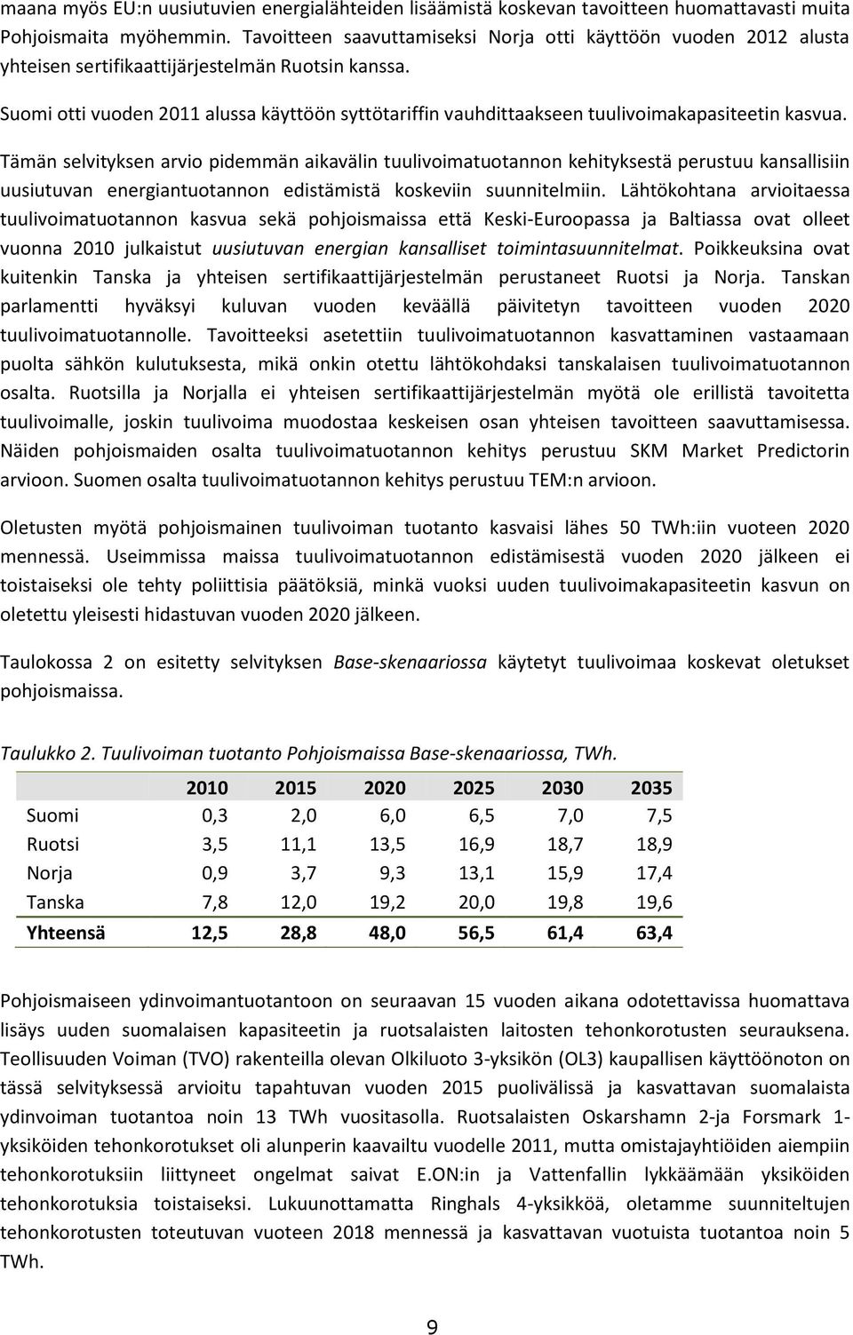 Suomi otti vuoden 2011 alussa käyttöön syttötariffin vauhdittaakseen tuulivoimakapasiteetin kasvua.