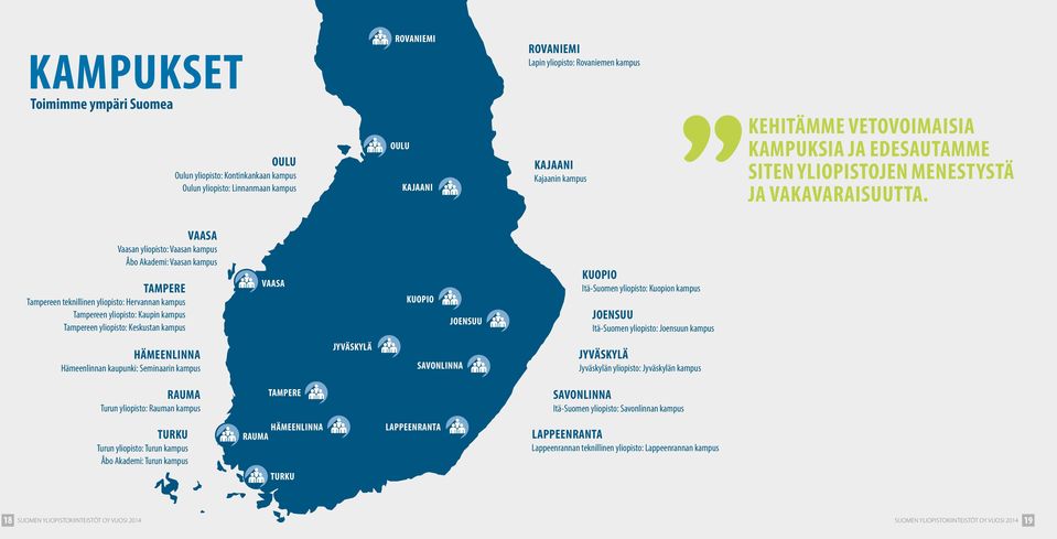 VAASA Vaasan yliopisto: Vaasan kampus Åbo Akademi: Vaasan kampus TAMPERE Tampereen teknillinen yliopisto: Hervannan kampus Tampereen yliopisto: Kaupin kampus Tampereen yliopisto: Keskustan kampus