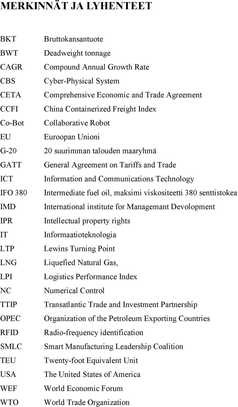 Intermediate fuel oil, maksimi viskositeetti 380 senttistokea IMD International institute for Managemant Devolopment IPR Intellectual property rights IT Informaatioteknologia LTP Lewins Turning Point