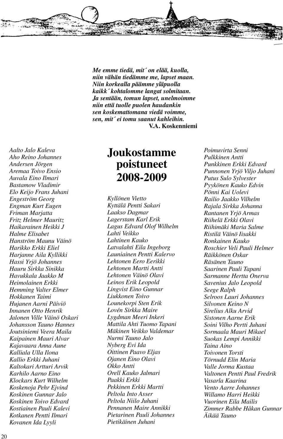 Koskenniemi Aalto Jalo Kaleva Aho Reino Johannes Andersen Jörgen Aremaa Toivo Ensio Auvala Eino Ilmari Bastamow Vladimir Elo Keijo Frans Juhani Engeström Georg Engman Kurt Eugen Friman Marjatta Fritz