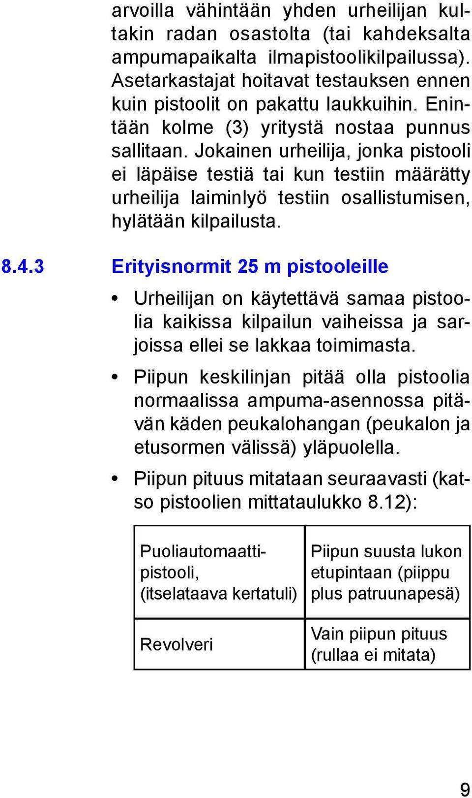 4.3 Erityisnormit 25 m pistooleille Urheilijan on käytettävä samaa pistoolia kaikissa kilpailun vaiheissa ja sarjoissa ellei se lakkaa toimimasta.