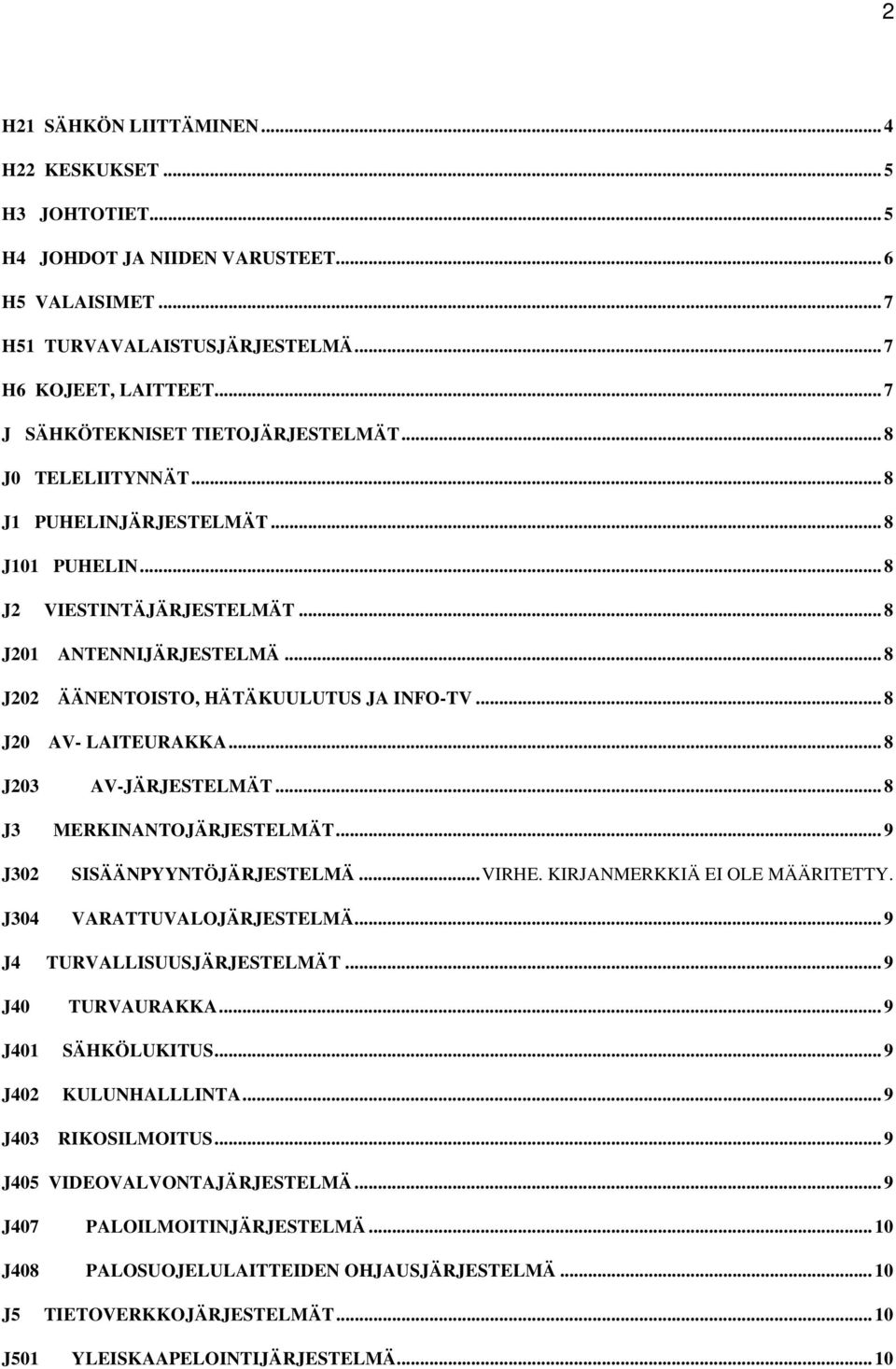 .. 8 J202 ÄÄNENTOISTO, HÄTÄKUULUTUS JA INFO-TV... 8 J20 AV- LAITEURAKKA... 8 J203 AV-JÄRJESTELMÄT... 8 J3 MERKINANTOJÄRJESTELMÄT... 9 J302 SISÄÄNPYYNTÖJÄRJESTELMÄ... VIRHE.