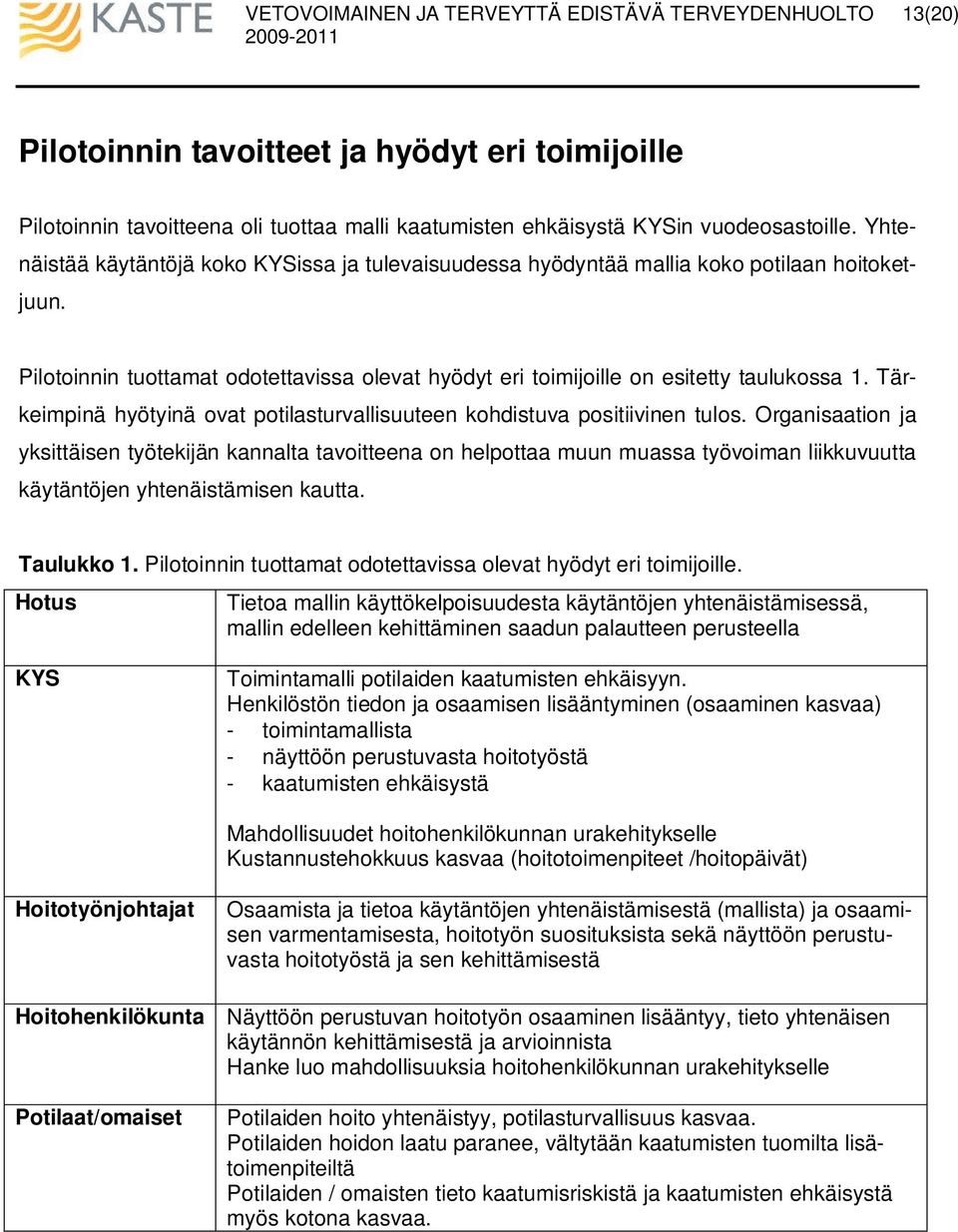 Tärkeimpinä hyötyinä ovat potilasturvallisuuteen kohdistuva positiivinen tulos.