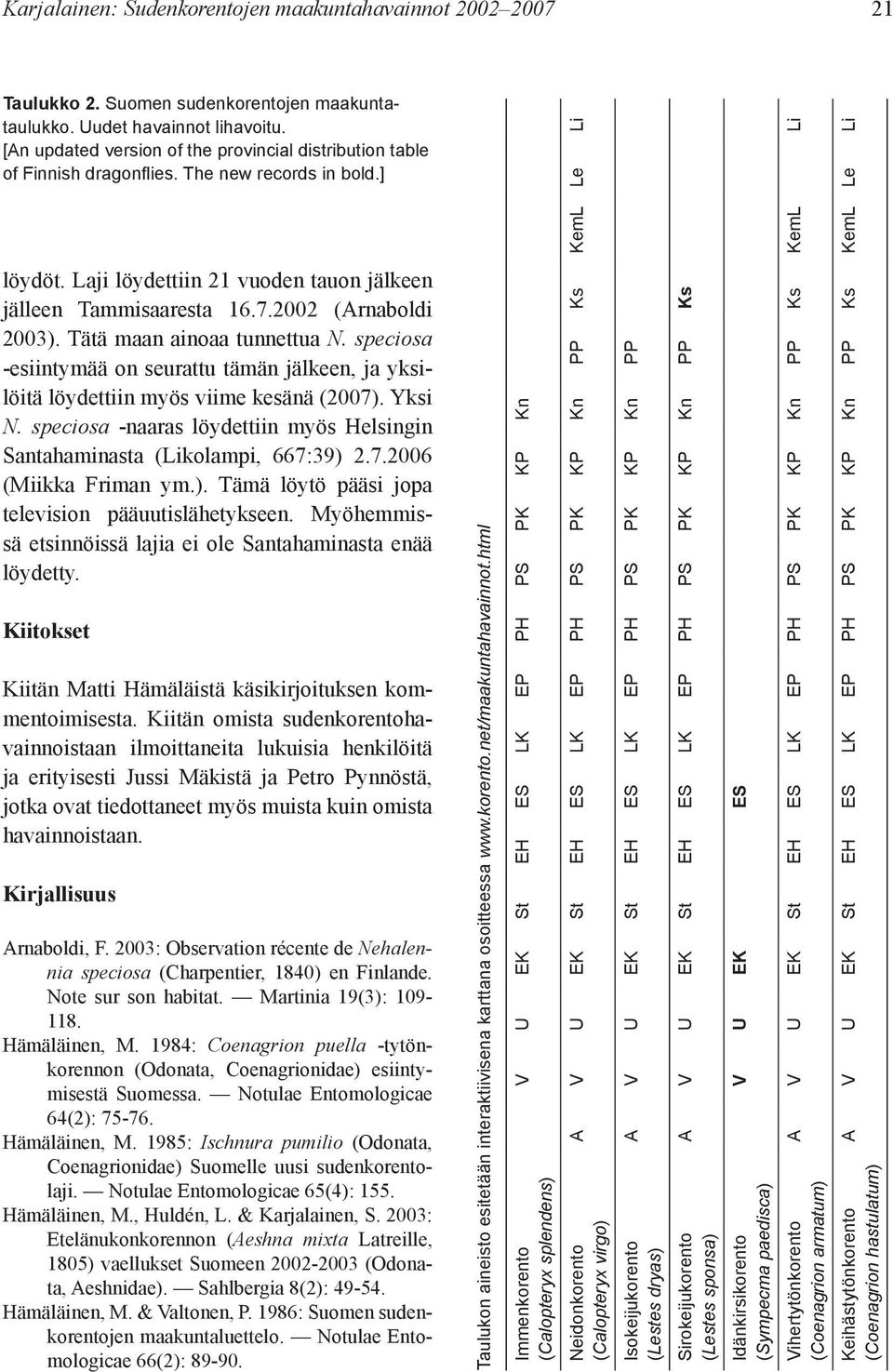 2002 (Arnaboldi 2003). Tätä maan ainoaa tunnettua N. speciosa -esiintymää on seurattu tämän jälkeen, ja yksilöitä löydettiin myös viime kesänä (2007). Yksi N.