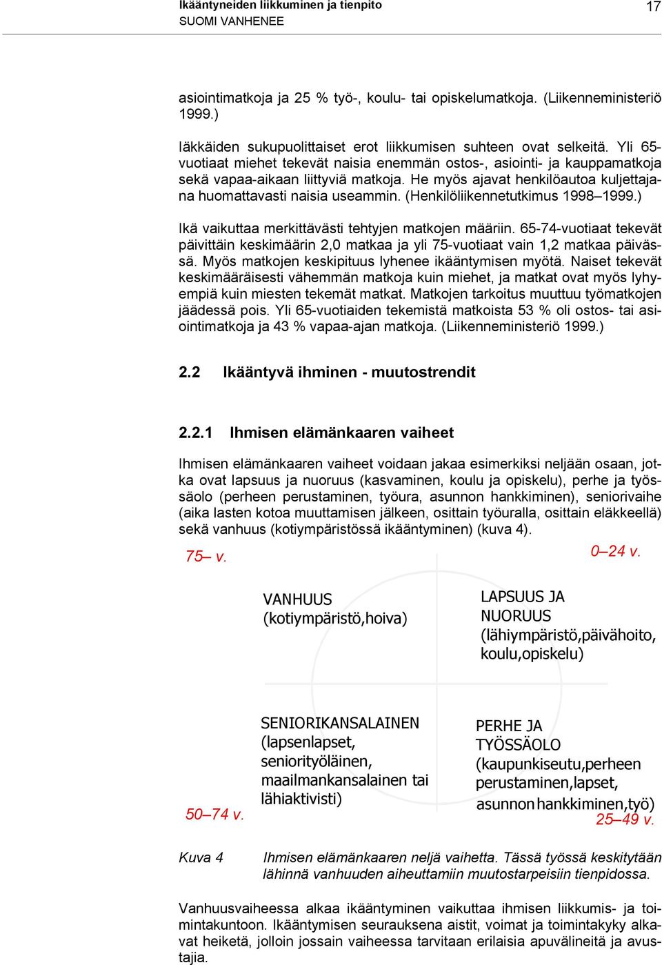 He myös ajavat henkilöautoa kuljettajana huomattavasti naisia useammin. (Henkilöliikennetutkimus 1998 1999.) Ikä vaikuttaa merkittävästi tehtyjen matkojen määriin.