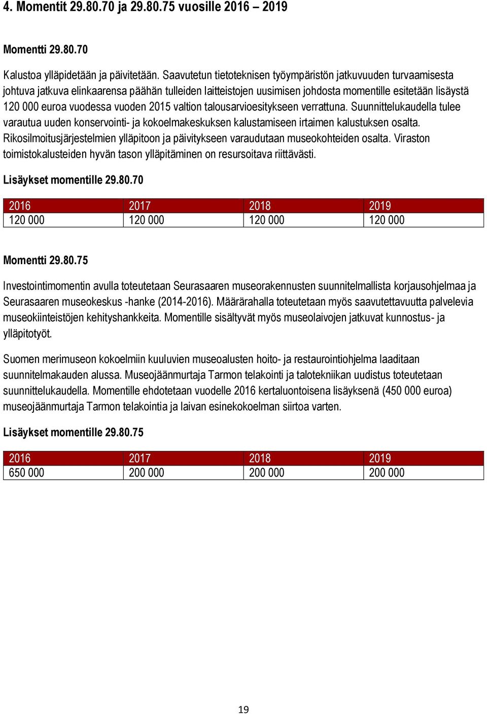 vuoden 2015 valtion talousarvioesitykseen verrattuna. Suunnittelukaudella tulee varautua uuden konservointi- ja kokoelmakeskuksen kalustamiseen irtaimen kalustuksen osalta.