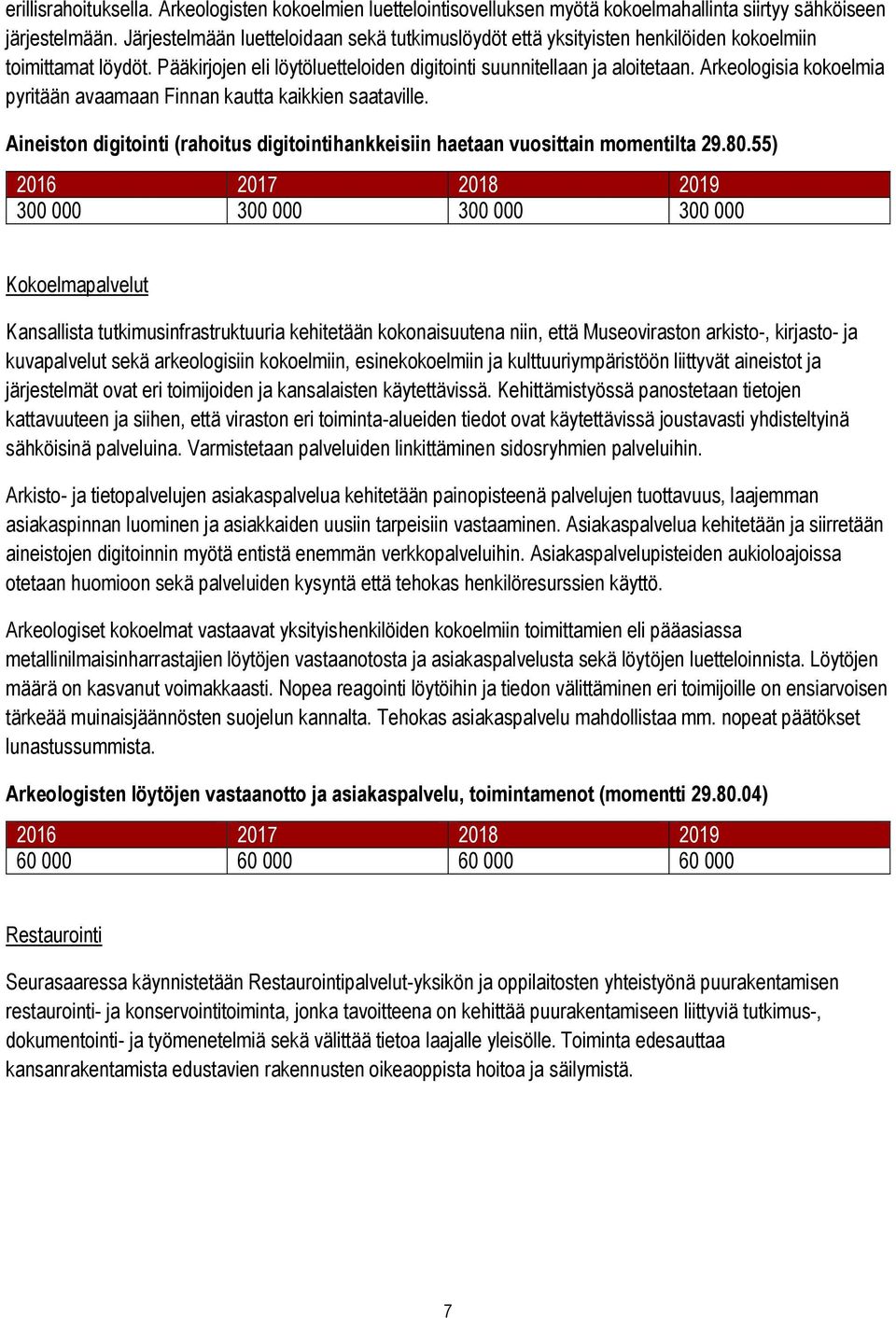 Arkeologisia kokoelmia pyritään avaamaan Finnan kautta kaikkien saataville. Aineiston digitointi (rahoitus digitointihankkeisiin haetaan vuosittain momentilta 29.80.