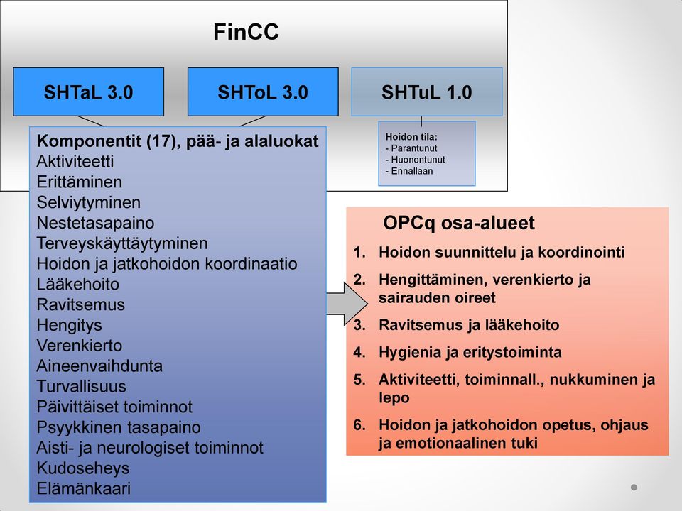 Ravitsemus Hengitys Verenkierto Aineenvaihdunta Turvallisuus Päivittäiset toiminnot Psyykkinen tasapaino Aisti- ja neurologiset toiminnot Kudoseheys Elämänkaari Hoidon