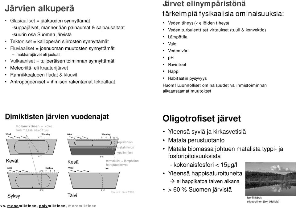 rakentamat tekoaltaat Järvet elinympäristönä tärkeimpiä fysikaalisia ominaisuuksia: Veden tiheys (< eliöiden tiheys) Veden turbulenttiset virtaukset (tuuli & konvektio) Lämpötila Valo Veden väri ph