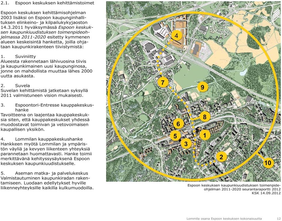 2011 hyväksymässä Espoon keskuksen kaupunkiuudistuksen toimenpideohjelmassa 2011-2020 esitetty kymmenen alueen keskeisintä hanketta, joilla ohjataan kaupunkirakenteen tiivistymistä: 1.