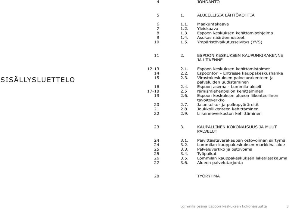 Espoon asema - Lommila akseli 2.5 Nimismiehenpellon kehittäminen 2.6. Espoon keskuksen alueen liikenteellinen tavoiteverkko 2.7. Jalankulku- ja polkupyöräreitit 2.8 Joukkoliikenteen kehittäminen 2.9.