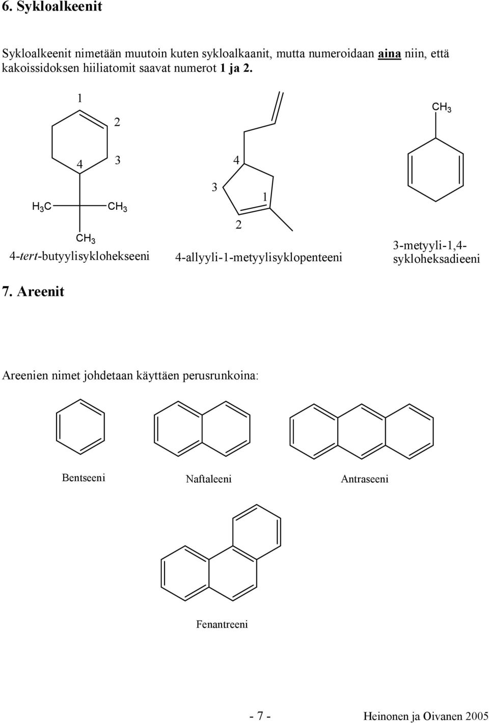 Areenit 4 3 1 2 4-allyyli-1-metyylisyklopenteeni 3-metyyli-1,4- sykloheksadieeni Areenien nimet