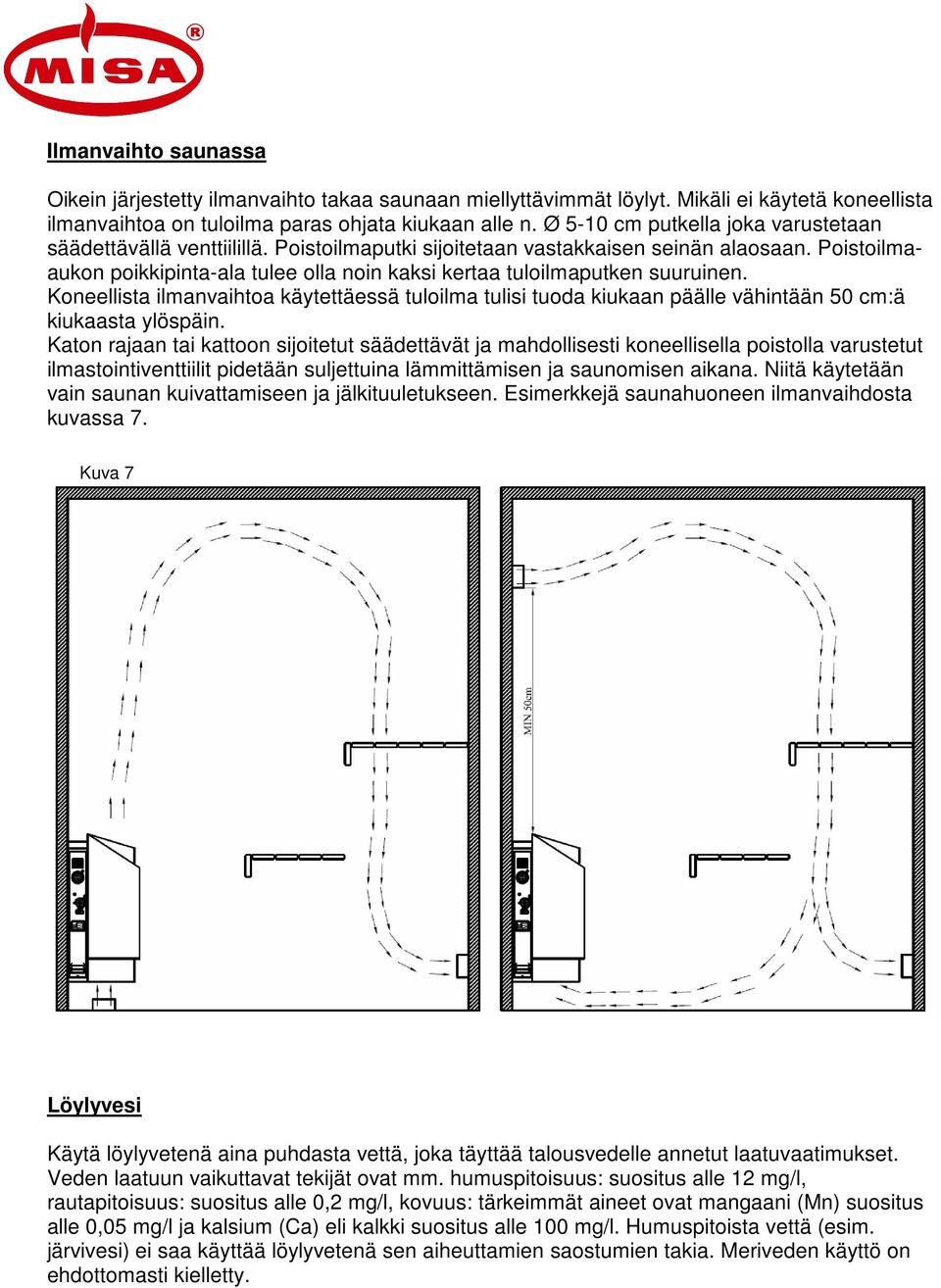 Poistoilmaaukon poikkipinta-ala tulee olla noin kaksi kertaa tuloilmaputken suuruinen. Koneellista ilmanvaihtoa käytettäessä tuloilma tulisi tuoda kiukaan päälle vähintään 50 cm:ä kiukaasta ylöspäin.