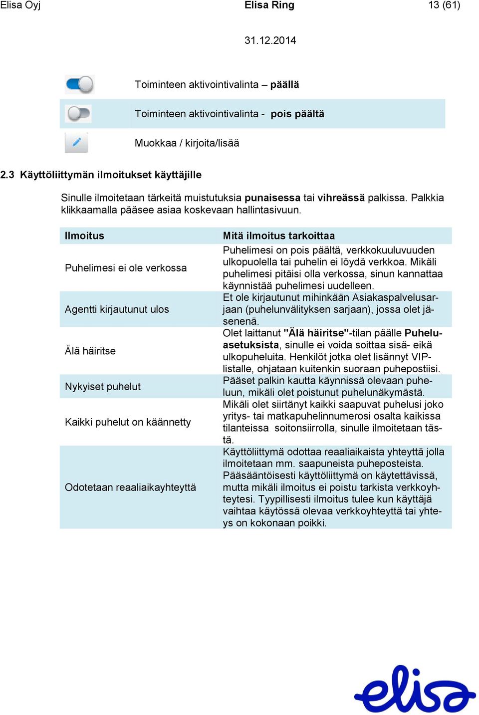 Ilmoitus Puhelimesi ei ole verkossa Agentti kirjautunut ulos Älä häiritse Nykyiset puhelut Kaikki puhelut on käännetty Odotetaan reaaliaikayhteyttä Mitä ilmoitus tarkoittaa Puhelimesi on pois päältä,