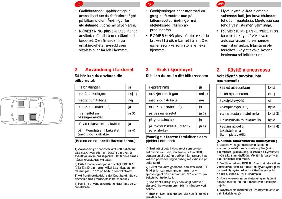 Godkjenningen opphører med en gang du forandrer noe på bilbarnesetet. Endringer må utelukkende utføres av produsenten. RÖMER KIG plus må utelukkende brukes til å sikre barnet i bilen.