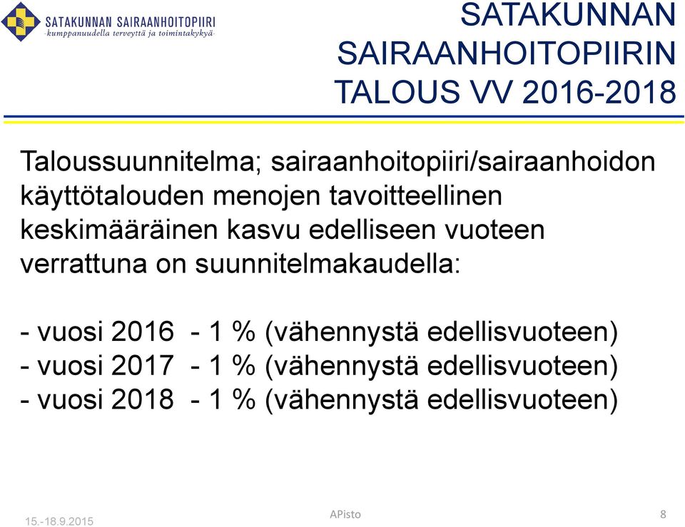 kasvu edelliseen vuoteen verrattuna on suunnitelmakaudella: - vuosi 2016-1 % (vähennystä