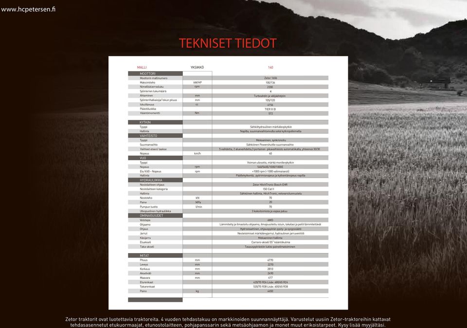 Sylinterihalkaisija/ Iskun pituus 105/120 Iskutilavuus Päästöluokka cc 4156 TIER III B Vääntömomentti Nm 572 140 KYTKIN Tyyppi Hallinta VAIHTEISTO Tyyppi Suunnanvaihto Vaihteet eteen/ taakse Nopeus