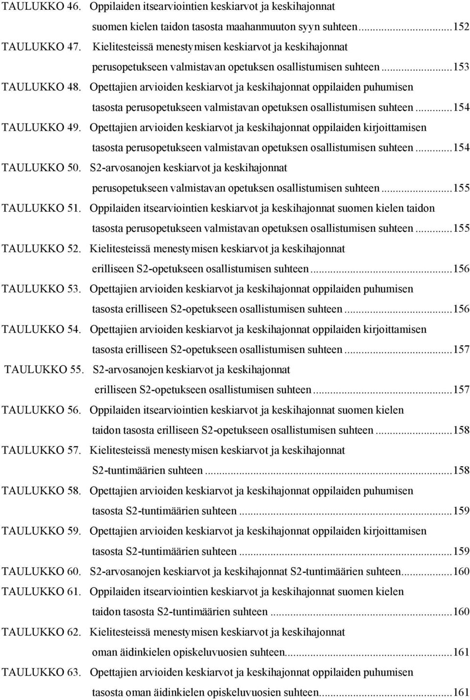 Opettajien arvioiden keskiarvot ja keskihajonnat oppilaiden puhumisen tasosta perusopetukseen valmistavan opetuksen osallistumisen suhteen... 154 TAULUKKO 49.