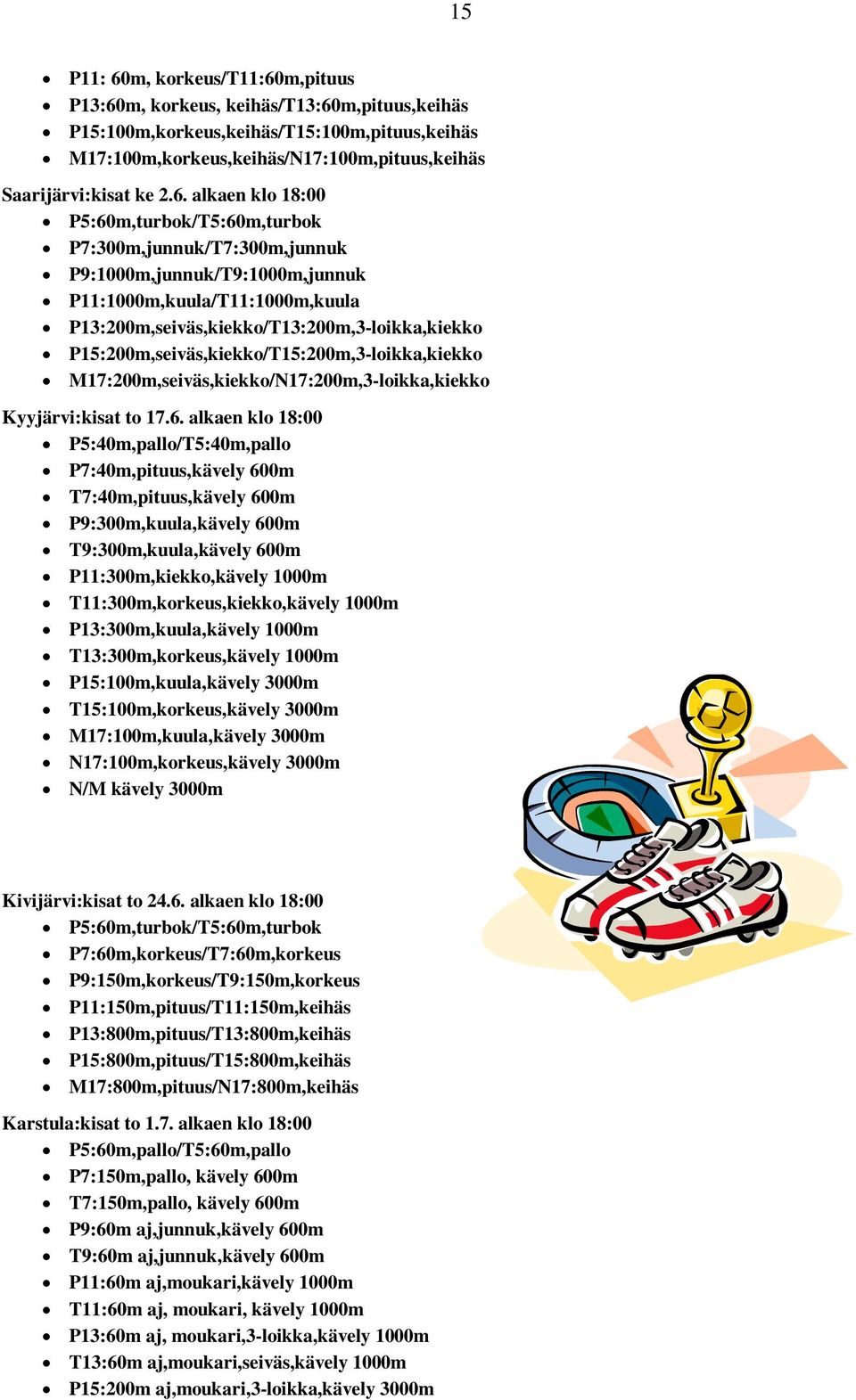 P15:200m,seiväs,kiekko/T15:200m,3-loikka,kiekko M17:200m,seiväs,kiekko/N17:200m,3-loikka,kiekko Kyyjärvi:kisat to 17.6.