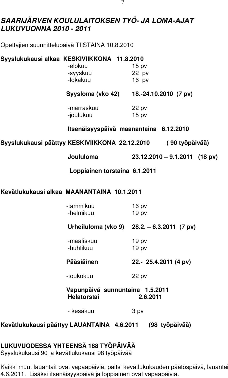 2010 Syyslukukausi päättyy KESKIVIIKKONA 22.12.2010 ( 90 työpäivää) Joululoma 23.12.2010 9.1.2011 (18 pv) Loppiainen torstaina 6.1.2011 Kevätlukukausi alkaa MAANANTAINA 10.1.2011 -tammikuu -helmikuu Urheiluloma (vko 9) -maaliskuu -huhtikuu Pääsiäinen -toukokuu 16 pv 19 pv 28.