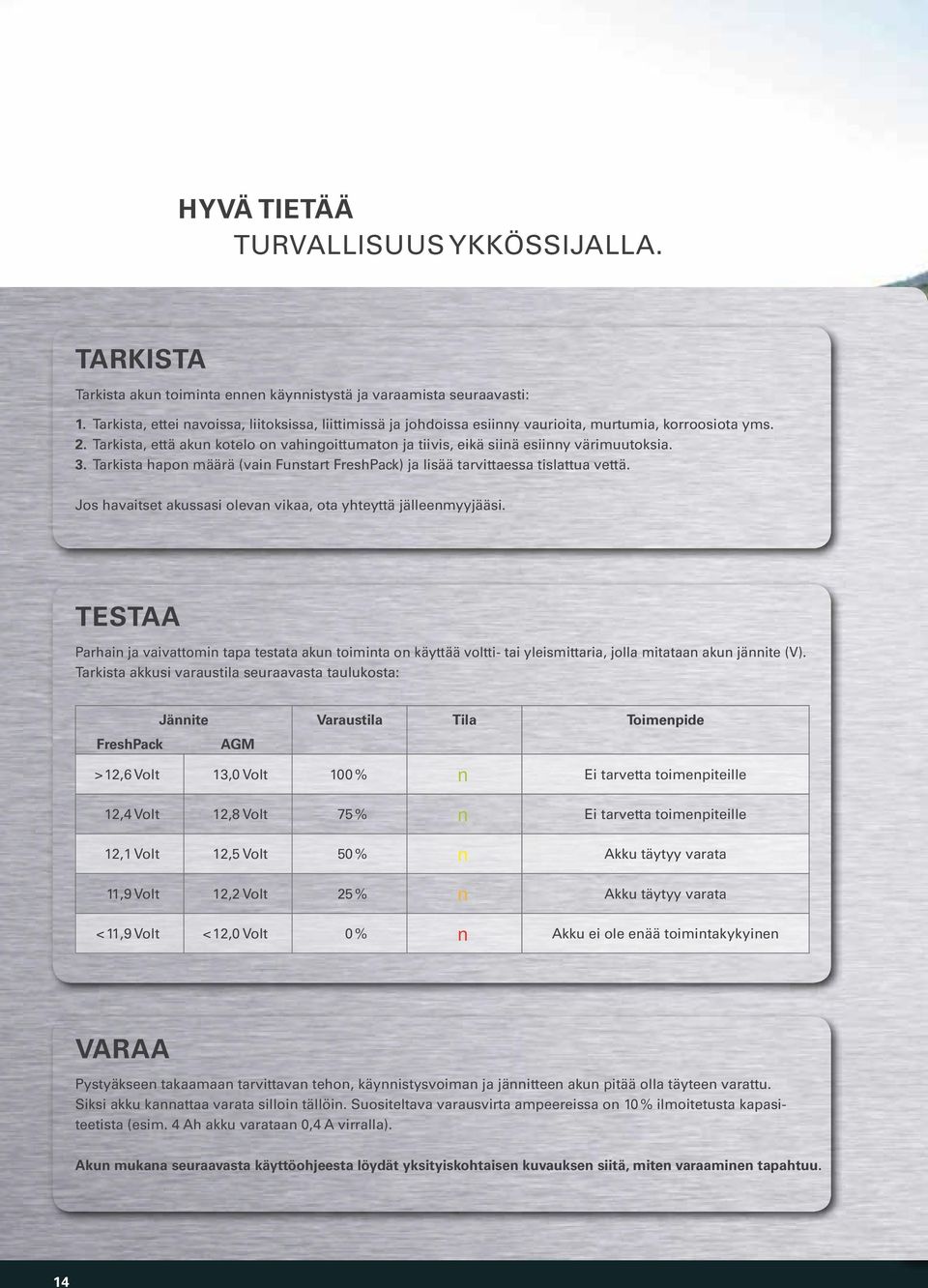 Tarkista, että akun kotelo on vahingoittumaton ja tiivis, eikä siinä esiinny värimuutoksia.. Tarkista hapon määrä (vain Funstart FreshPack) ja lisää tarvittaessa tislattua vettä.