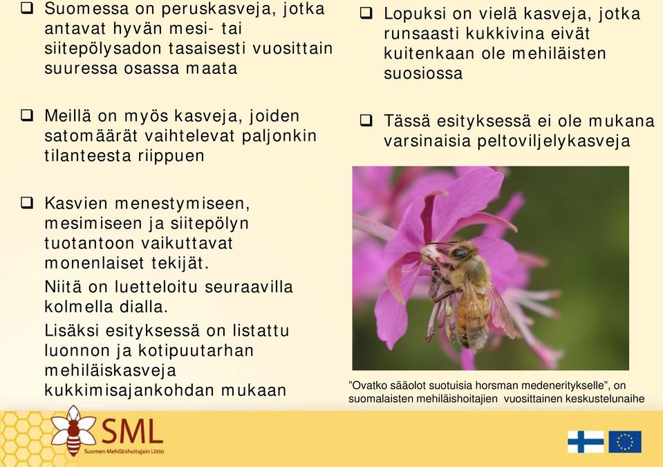 peltoviljelykasveja Kasvien menestymiseen, mesimiseen ja siitepölyn tuotantoon vaikuttavat monenlaiset tekijät. Niitä on luetteloitu seuraavilla kolmella dialla.