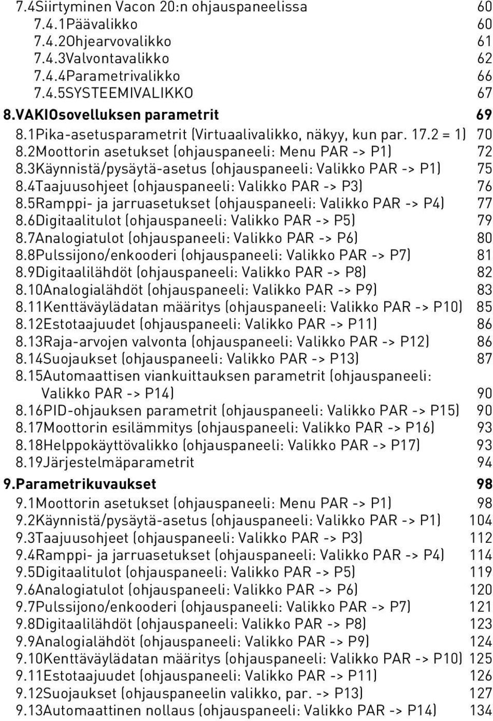 4Taajuusohjeet (ohjauspaneel: Valkko PAR -> P3) 76 8.5Rampp- ja jarruasetukset (ohjauspaneel: Valkko PAR -> P4) 77 8.6Dgtaaltulot (ohjauspaneel: Valkko PAR -> P5) 79 8.