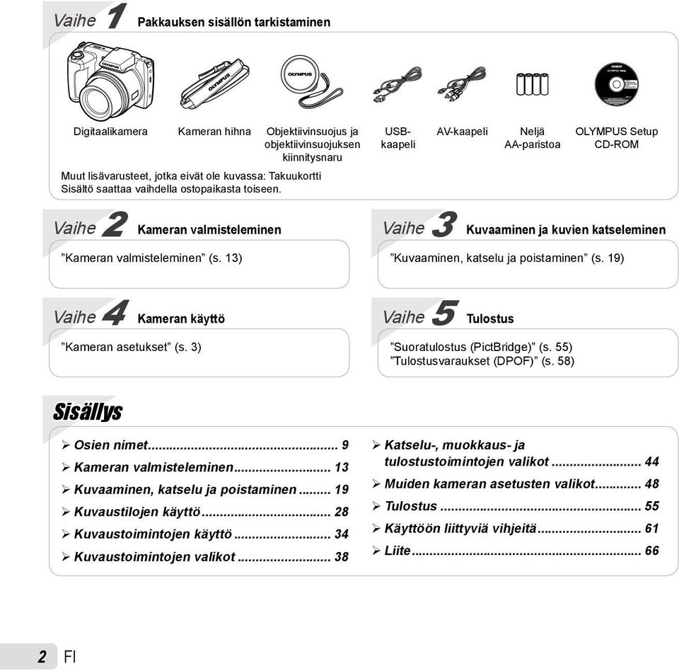 13) Vaihe 3 Kuvaaminen ja kuvien katseleminen Kuvaaminen, katselu ja poistaminen (s. 19) Vaihe 4 Kameran käyttö Kameran asetukset (s. 3) Vaihe 5 Tulostus Suoratulostus (PictBridge) (s.