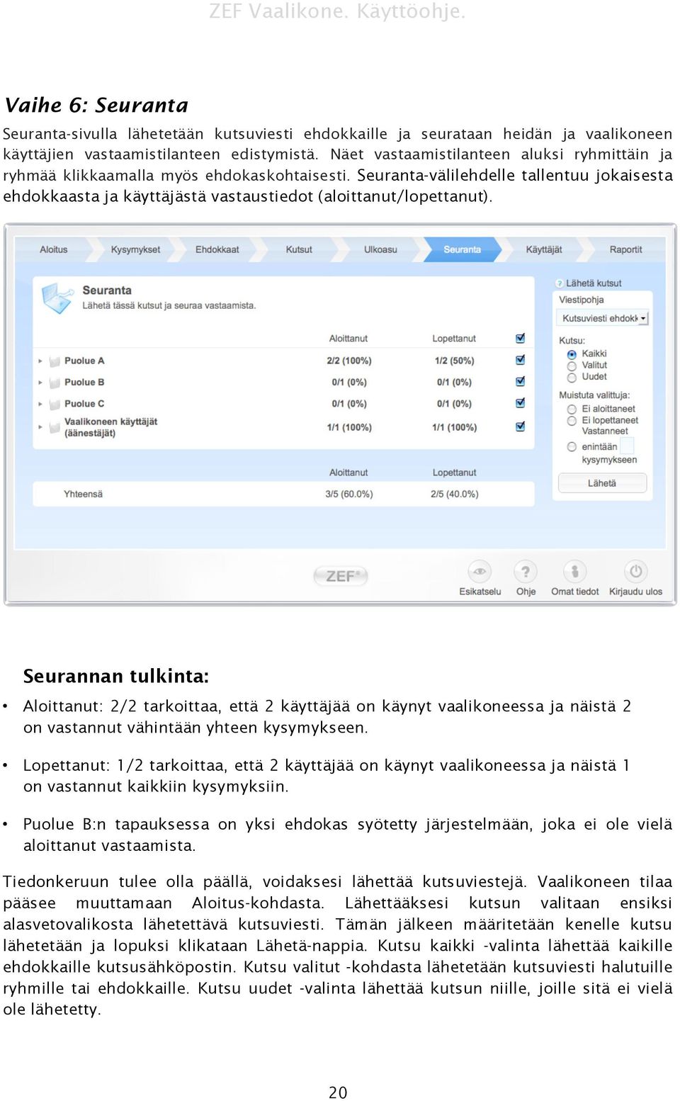 Seurannan tulkinta: Aloittanut: 2/2 tarkoittaa, että 2 käyttäjää on käynyt vaalikoneessa ja näistä 2 on vastannut vähintään yhteen kysymykseen.