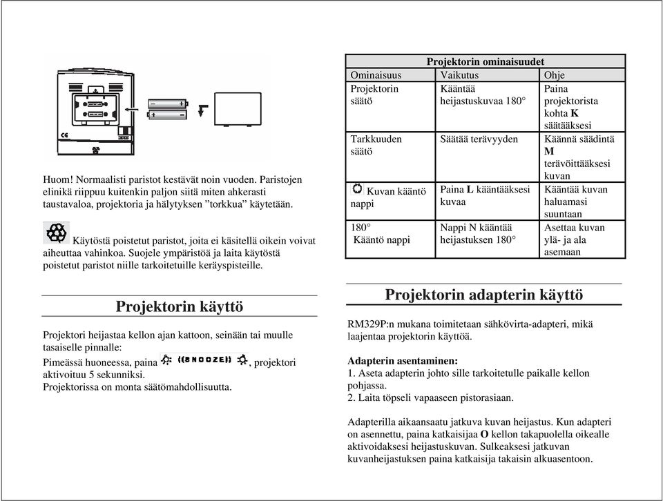 Projektorin käyttö Projektori heijastaa kellon ajan kattoon, seinään tai muulle tasaiselle pinnalle: Pimeässä huoneessa, paina, projektori aktivoituu 5 sekunniksi.