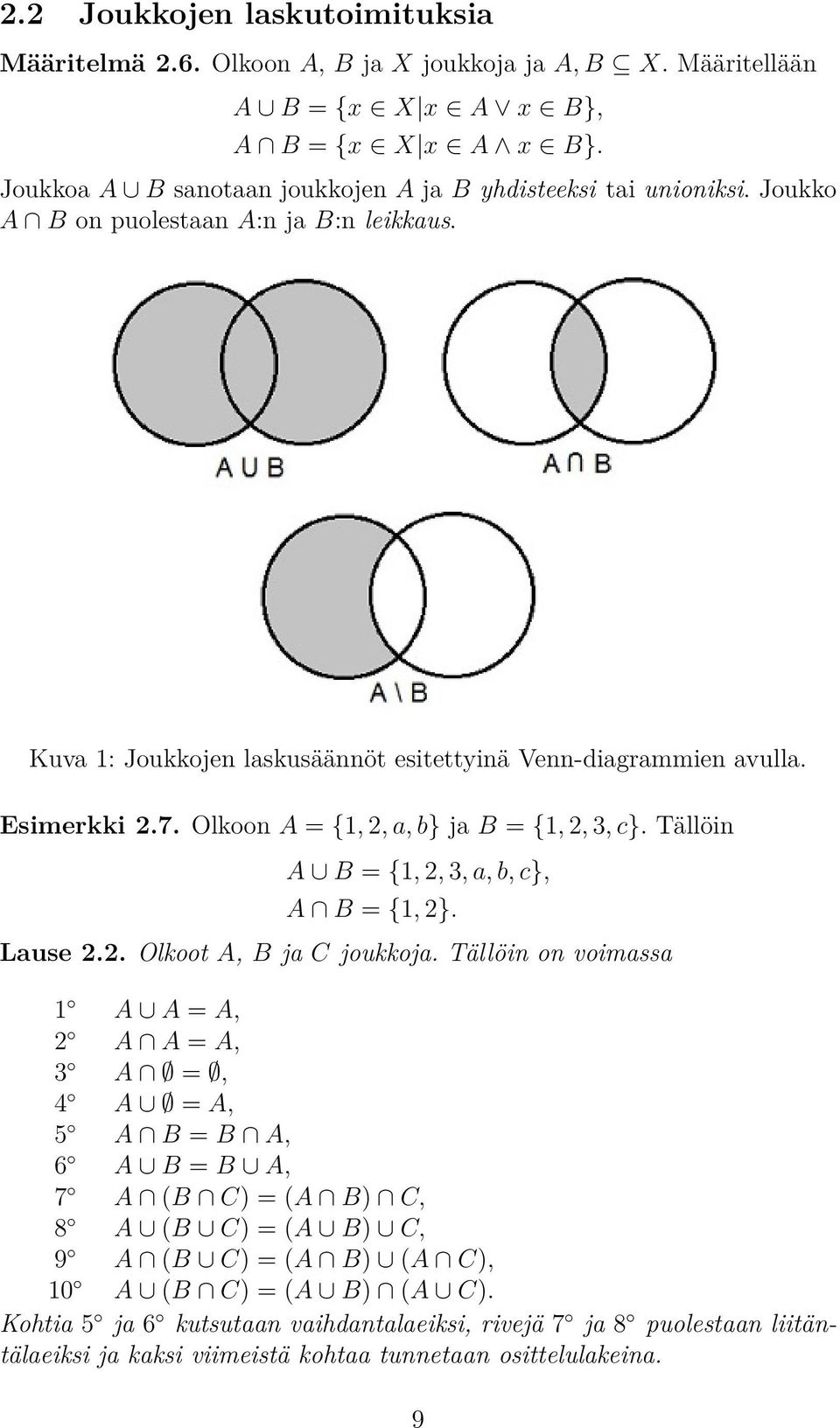 Olkoon A = {1, 2, a, b} ja B = {1, 2, 3, c}. Tällöin A B = {1, 2, 3, a, b, c}, A B = {1, 2}. Lause 2.2. Olkoot A, B ja C joukkoja.