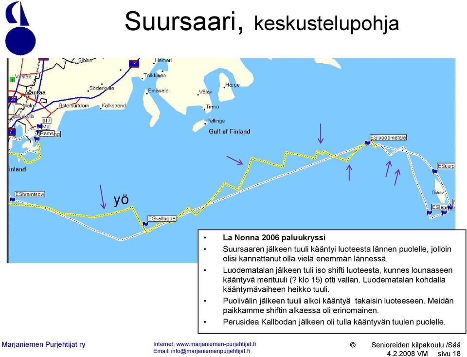 klo 15) otti vallan. Luodematalan kohdalla kääntymävaiheen heikko tuuli. Puolivälin jälkeen tuuli alkoi kääntyä takaisin luoteeseen.