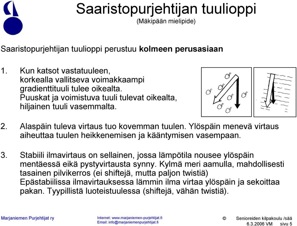 Alaspäin tuleva virtaus tuo kovemman tuulen. Ylöspäin menevä virtaus aiheuttaa tuulen heikkenemisen ja kääntymisen vasempaan. 3.