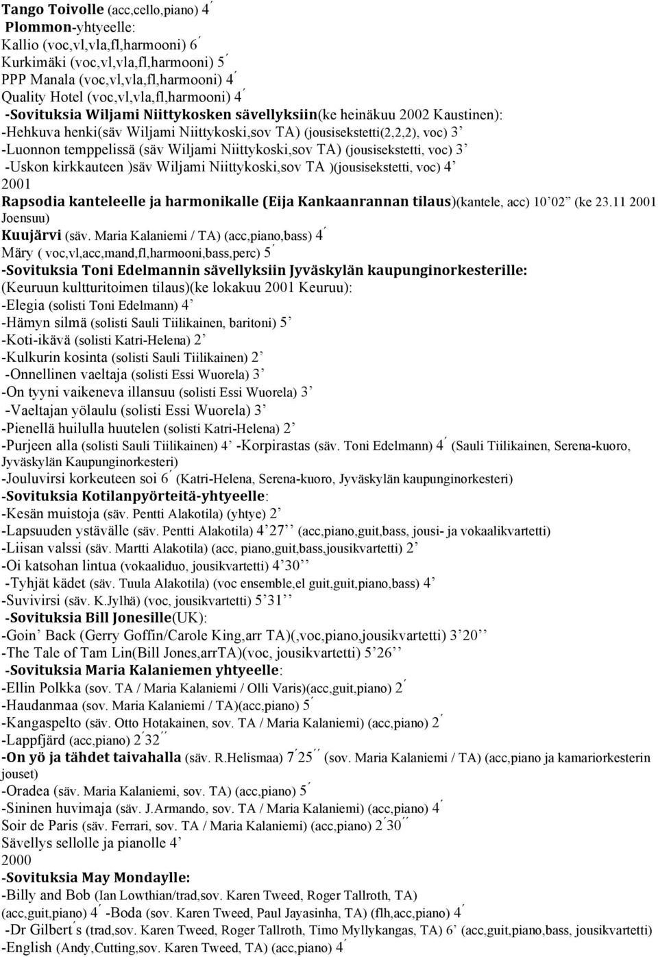 temppelissä (säv Wiljami Niittykoski,sov TA) (jousisekstetti, voc) 3 -Uskon kirkkauteen )säv Wiljami Niittykoski,sov TA )(jousisekstetti, voc) 4 2001 Rapsodia kanteleelle ja harmonikalle (Eija