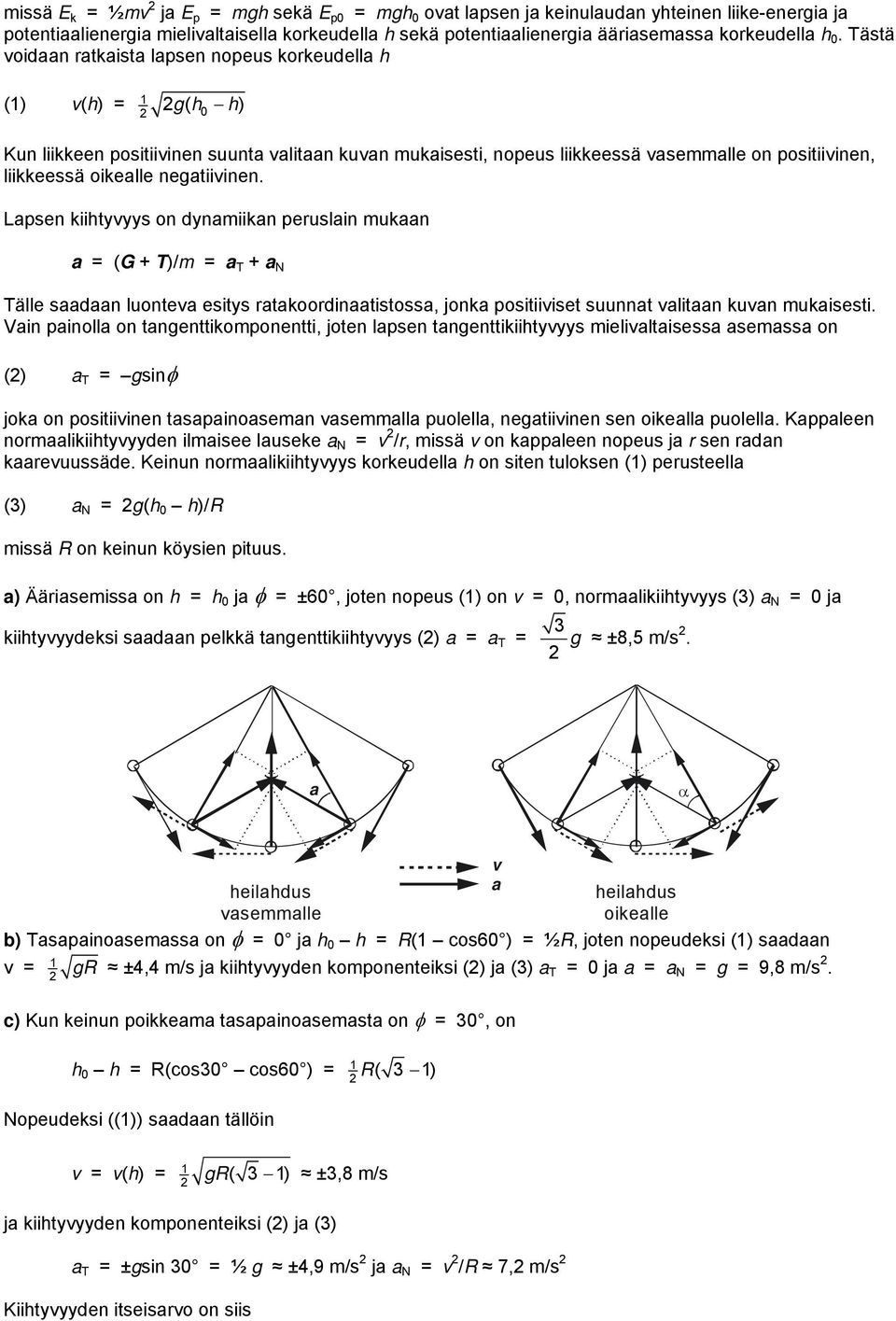 ästä voidaan ratkaista lapsen nopeus korkeudella h 1 (1) v(h) = 2 gh ( 2 0 h) Kun liikkeen positiivinen suunta valitaan kuvan mukaisesti, nopeus liikkeessä vasemmalle on positiivinen, liikkeessä