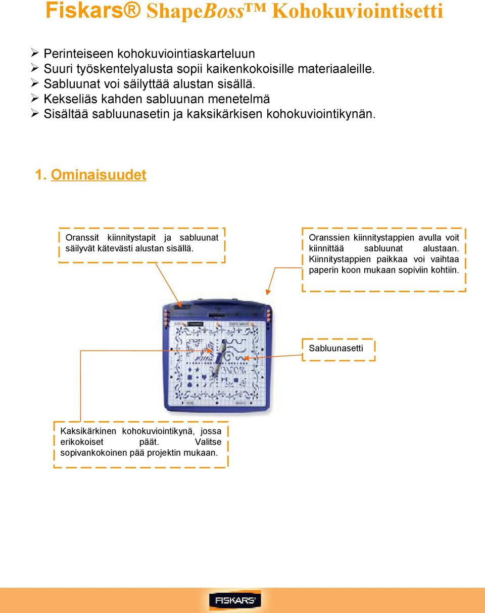 Ominaisuudet Oranssit kiinnitystapit ja sabluunat säilyvät kätevästi alustan sisällä. Oranssien kiinnitystappien avulla voit kiinnittää sabluunat alustaan.