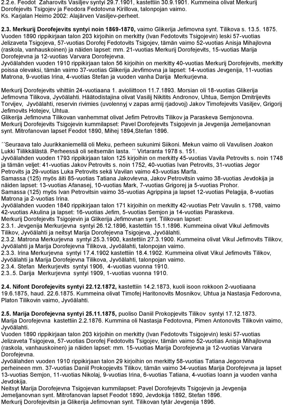 Vuoden 1890 rippikirjaan talon 203 kirjoihin on merkitty (Ivan Fedotovits Tsigojevin) leski 57-vuotias Jelizaveta Tsigojeva, 57-vuotias Dorofej Fedotovits Tsigojev, tämän vaimo 52-vuotias Anisja