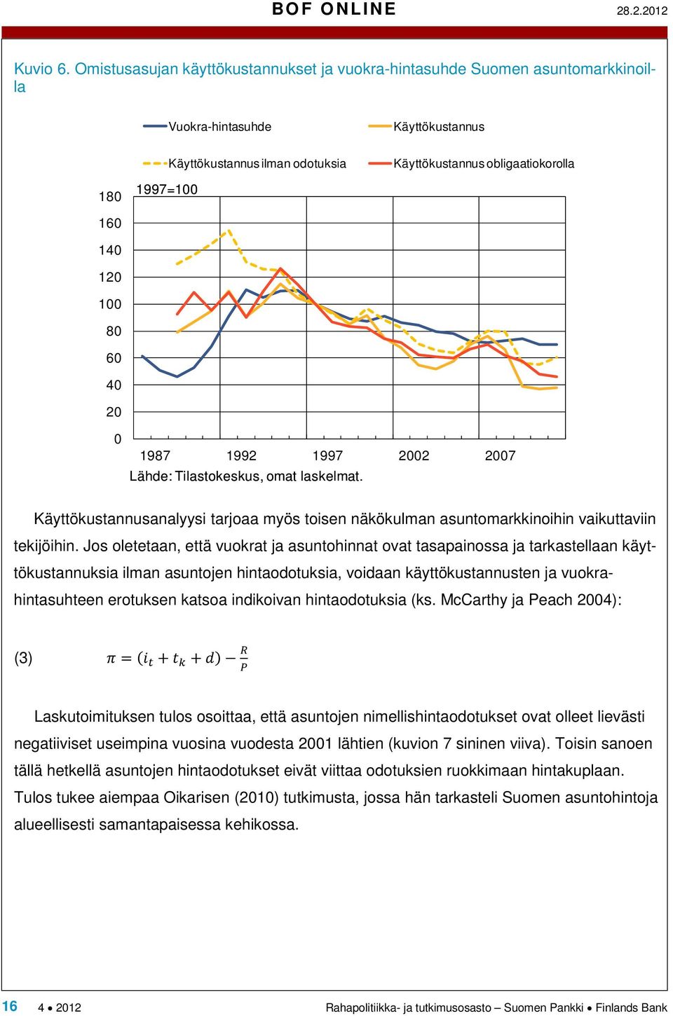 140 120 100 80 60 40 20 0 1987 1992 1997 2002 2007 Lähde: Tilastokeskus, omat laskelmat. Käyttökustannusanalyysi tarjoaa myös toisen näkökulman asuntomarkkinoihin vaikuttaviin tekijöihin.