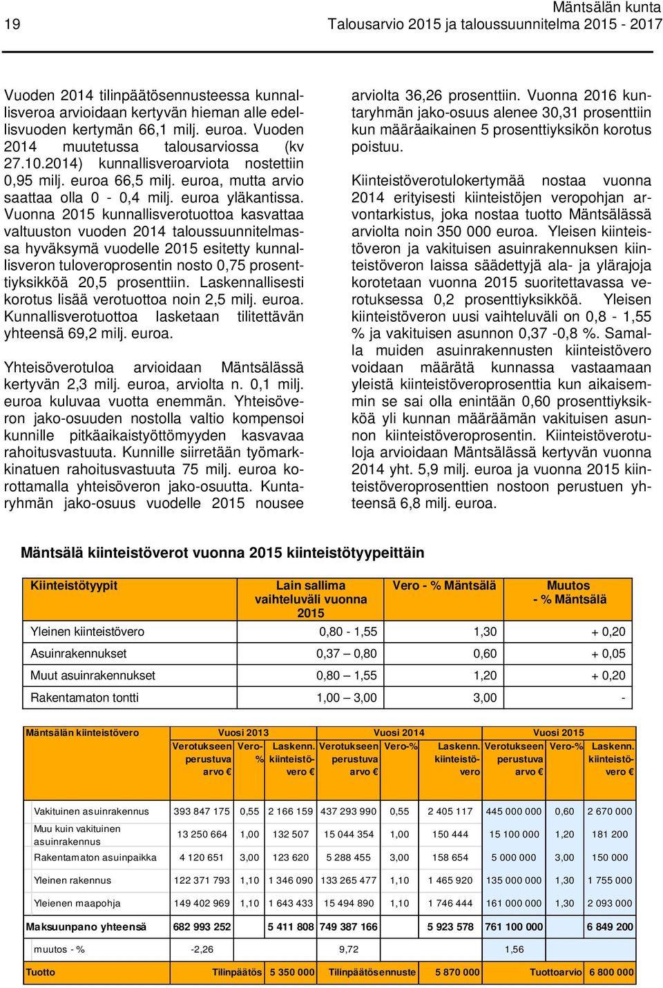 Vuonna kunnallisverotuottoa kasvattaa valtuuston vuoden taloussuunnitelmassa hyväksymä vuodelle esitetty kunnallisveron tuloveroprosentin nosto 0,75 prosenttiyksikköä 20,5 prosenttiin.