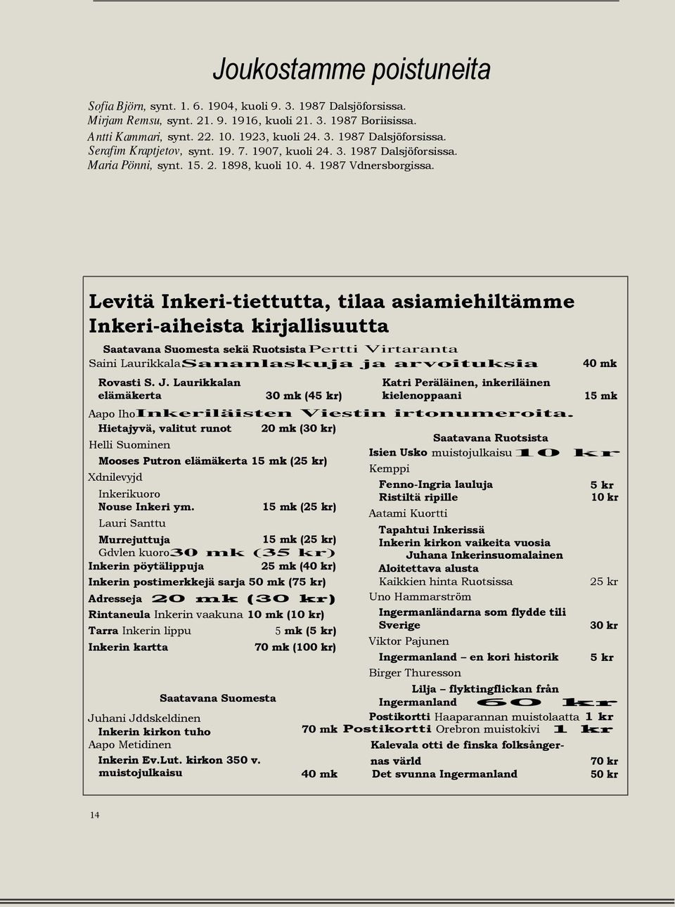 Levitä Inkeri-tiettutta, tilaa asiamiehiltämme Inkeri-aiheista kirjallisuutta Saatavana Suomesta sekä RuotsistaPertti Virtaranta Saini LaurikkalaSananlaskuja ja arvoituksia 40 mk Rovasti S. J.