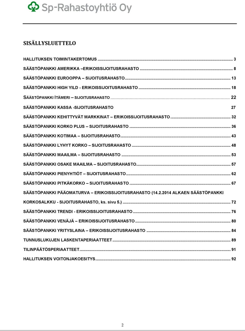 .. 36 SÄÄSTÖPANKKI KOTIMAA SIJOITUSRAHASTO... 43 SÄÄSTÖPANKKI LYHYT KORKO SIJOITUSRAHASTO... 48 SÄÄSTÖPANKKI MAAILMA SIJOITUSRAHASTO... 53 SÄÄSTÖPANKKI OSAKE MAAILMA SIJOITUSRAHASTO.