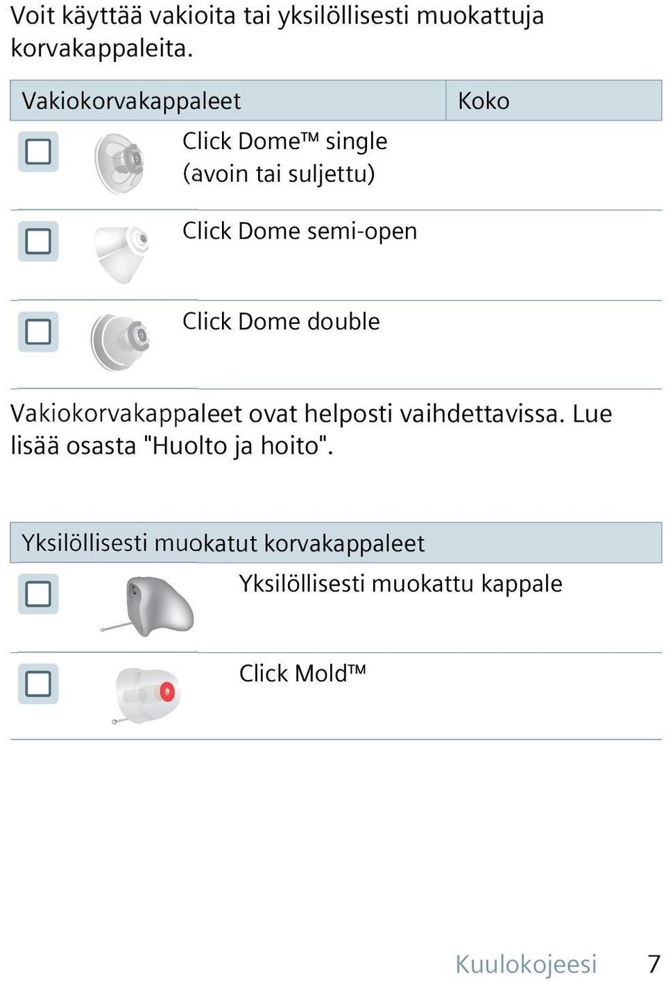 Click Dome double Vakiokorvakappaleet ovat helposti vaihdettavissa.