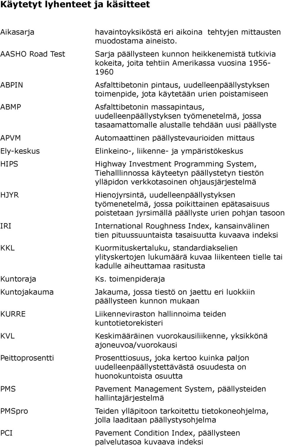 Sarja päällysteen kunnon heikkenemistä tutkivia kokeita, joita tehtiin Amerikassa vuosina 1956-1960 Asfalttibetonin pintaus, uudelleenpäällystyksen toimenpide, jota käytetään urien poistamiseen