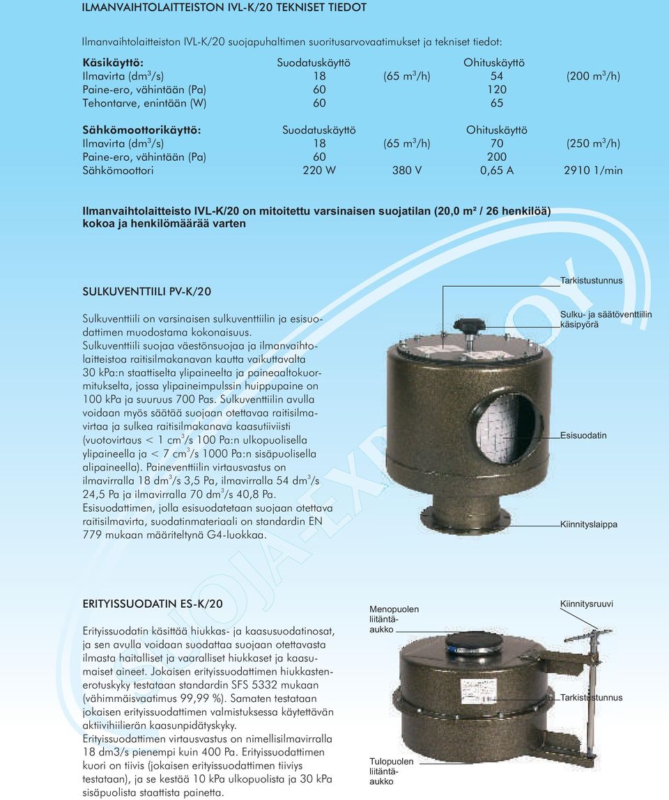 vähintään (Pa) 60 200 Sähkömoottori 220 W 80 V 0,65 A 2910 1/min Ilmanvaihtolaitteisto IVL-K/20 on mitoitettu varsinaisen suojatilan (20,0 m² / 26 henkilöä) kokoa ja henkilömäärää varten