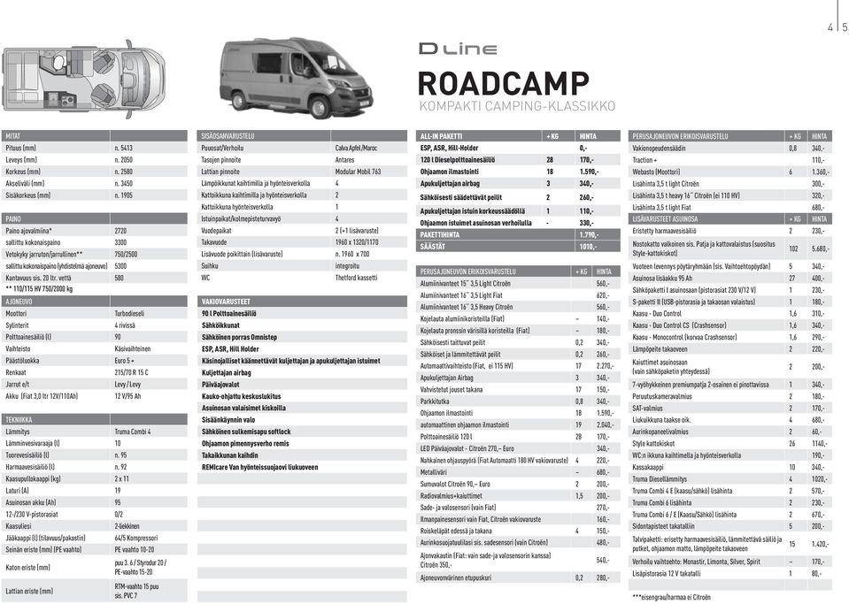 vettä 580 ** 110/115 HV 750/2000 kg 4 rivissä Käsivaihteinen 215/70 R 15 C Levy / Levy Akku (Fiat 3,0 ltr 12V/110Ah) Tuorevesisäiliö (l) n. 95 Harmaavesisäiliö (l) n.