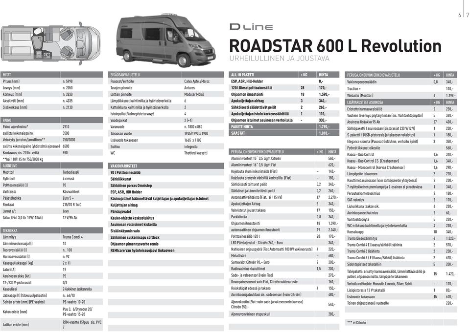 vettä 590 **bei 110/115 hv 750/2000 kg 4 rivissä Käsivaihteet 215/70 R 16 C Levy Akku (Fiat 3,0 ltr 12V/110Ah) Tuorevesisäiliö (l) n.. 100 Harmaavesisäiliö (l) n.