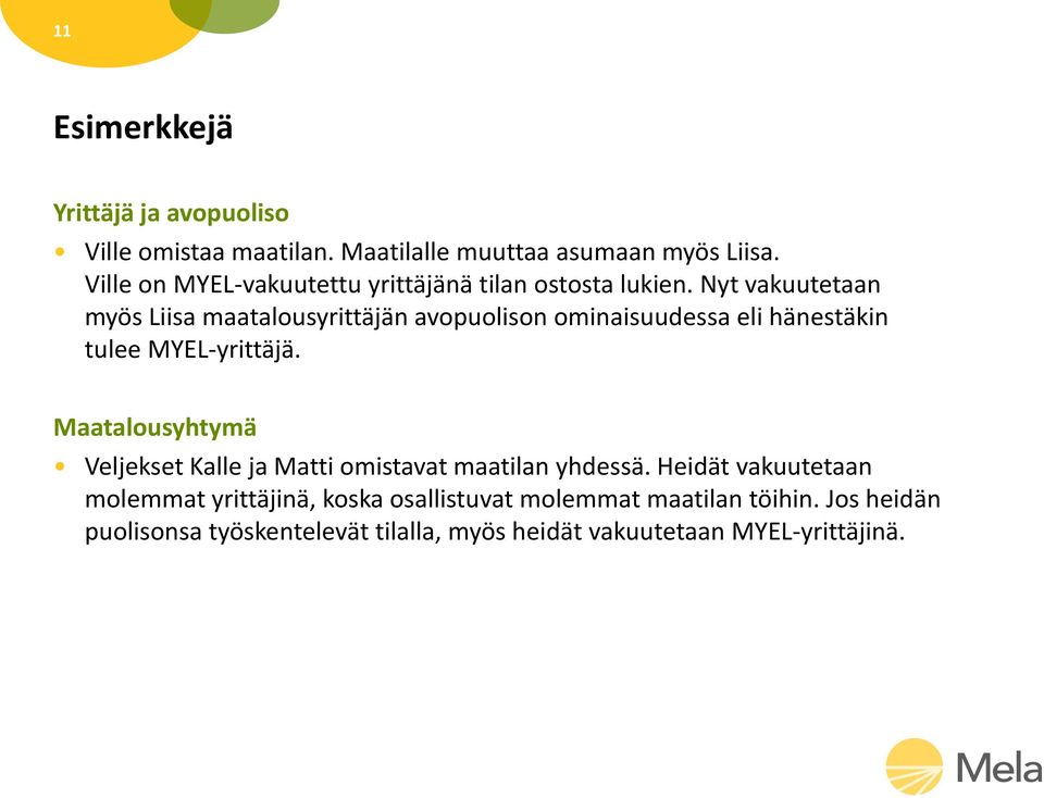 Nyt vakuutetaan myös Liisa maatalousyrittäjän avopuolison ominaisuudessa eli hänestäkin tulee MYEL-yrittäjä.