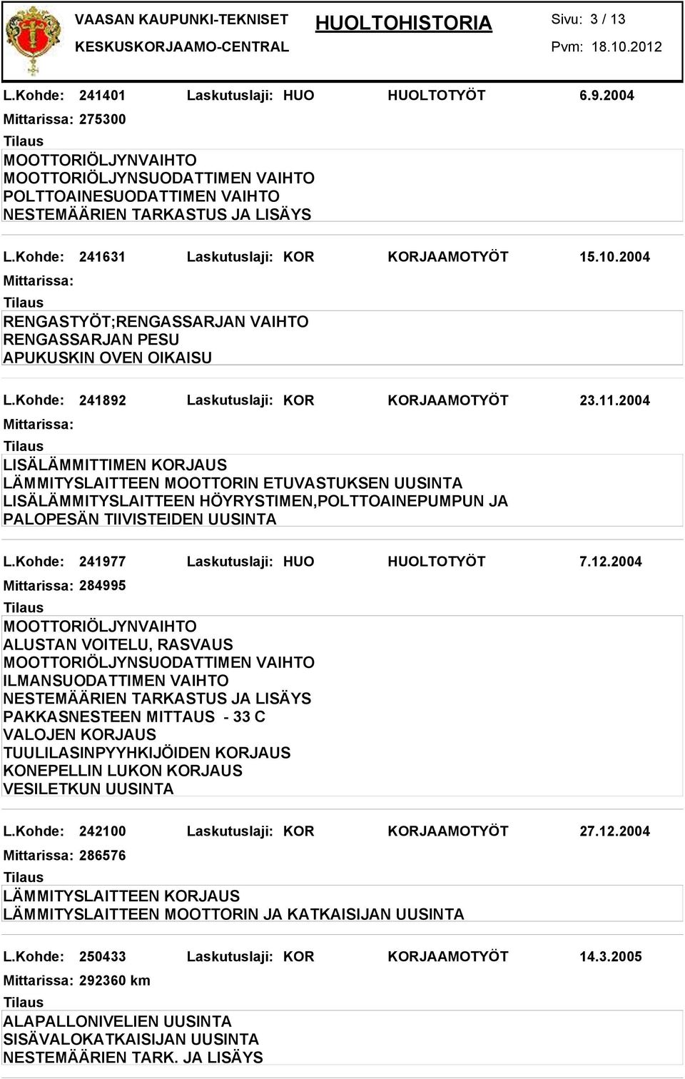 2004 LISÄLÄMMITTIMEN KORJAUS LÄMMITYSLAITTEEN MOOTTORIN ETUVASTUKSEN UUSINTA LISÄLÄMMITYSLAITTEEN HÖYRYSTIMEN,POLTTOAINEPUMPUN JA PALOPESÄN TIIVISTEIDEN UUSINTA L.