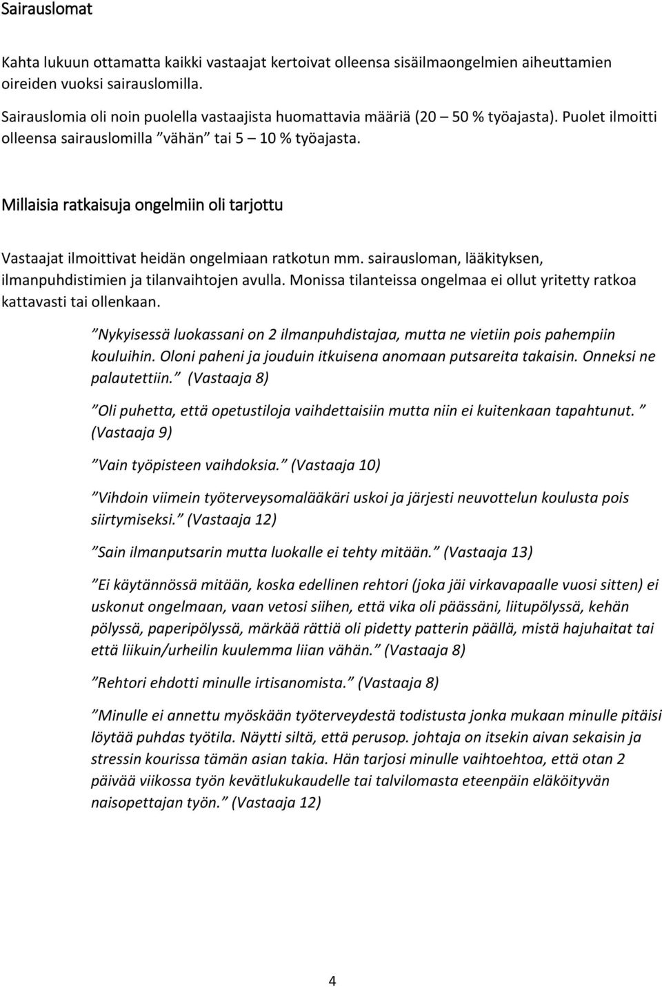 Millaisia ratkaisuja ongelmiin oli tarjottu Vastaajat ilmoittivat heidän ongelmiaan ratkotun mm. sairausloman, lääkityksen, ilmanpuhdistimien ja tilanvaihtojen avulla.